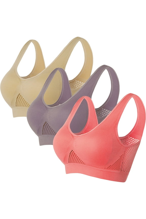 3pc Plus Size Bras for Women Wireless Yoga Bra Tops Mesh Jogging Workout Comfortable Padded Bra Bralette