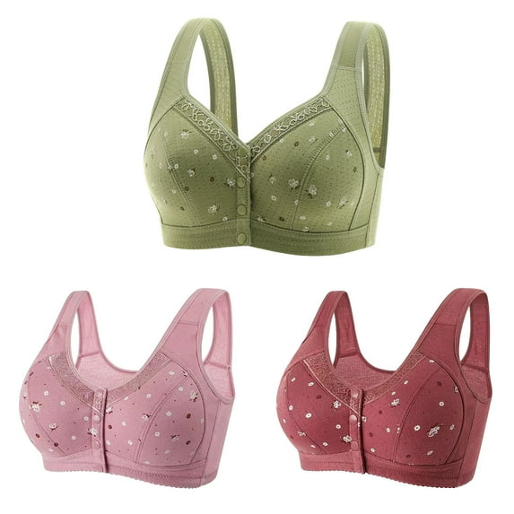 AherBiu 3pcs Womens Bra Wireless Plus Size Everyday Bras for Seniors Women Printed Button Front Full Coverage Bralette