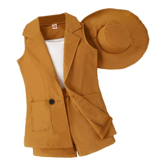 AherBiu 4 Piece Outfits for Toddler Girls Ribbed Tank Tops Blazer Vests Dress Shorts with 1 Hat Summer Sets