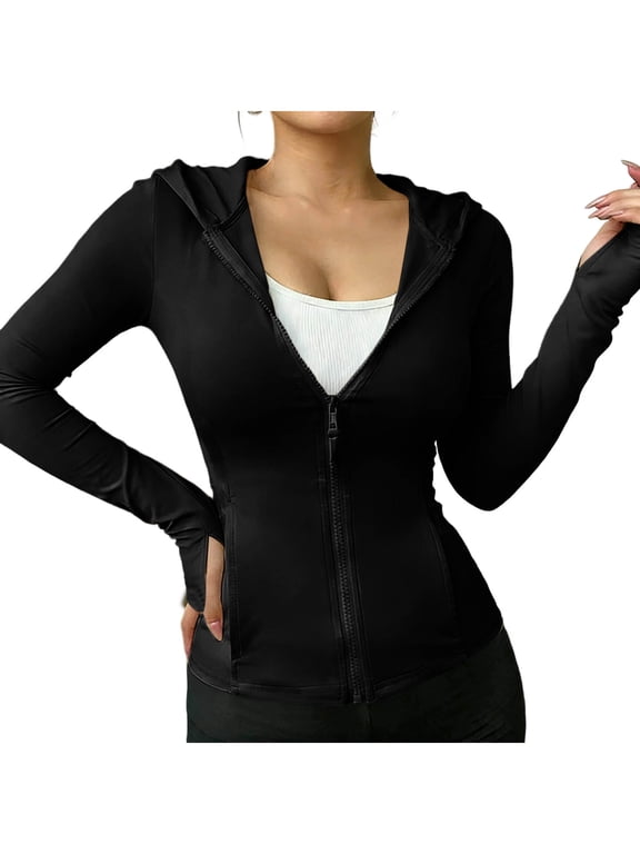 Athletic Jacket for Women Sunproof Lightweight Long Sleeve Full Zip up Hooded Stretch Fitted Running Yoga Tops