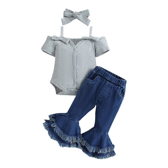 AherBiu Baby Clothes for Girls Outfits Ribbed Knitted Crewneck Onesie Flare Denim Pants Headband Toddler Sets
