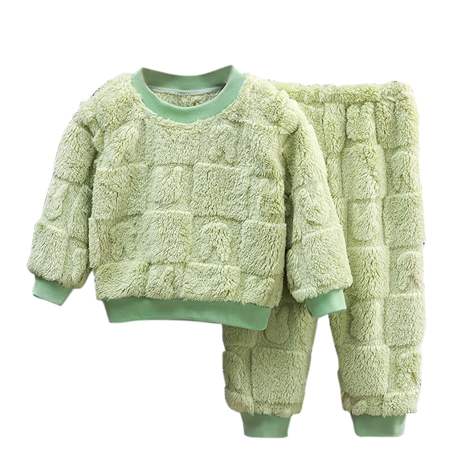 Winter Baby Kids Unisex Long Sleeves Casual Color Patchwork Fluffy Pullover and Pants Clothing Set