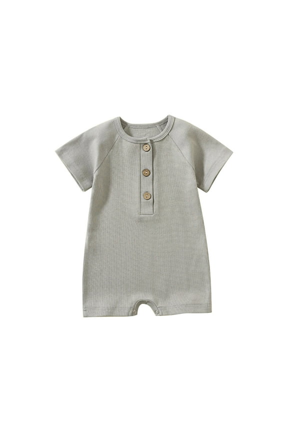 Baby Girls Boys Rompers Short Sleeve Newborn Infant Ribbed Button Crewneck Summer Short Jumpsuits Overalls