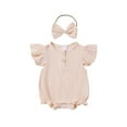 thumbnail image 1 of AherBiu Baby Girls Clothes Cap Sleeve Rompers Open Button Crewneck Newborn Infant Playsuit with Headband, 1 of 1