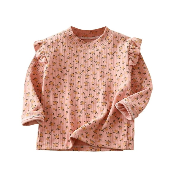 AherBiu Baby Girls Clothes Long Sleeve Tops Ruffle Shoulder Printed Toddler Kids Cotton Comfy Layer Shirts Blouse