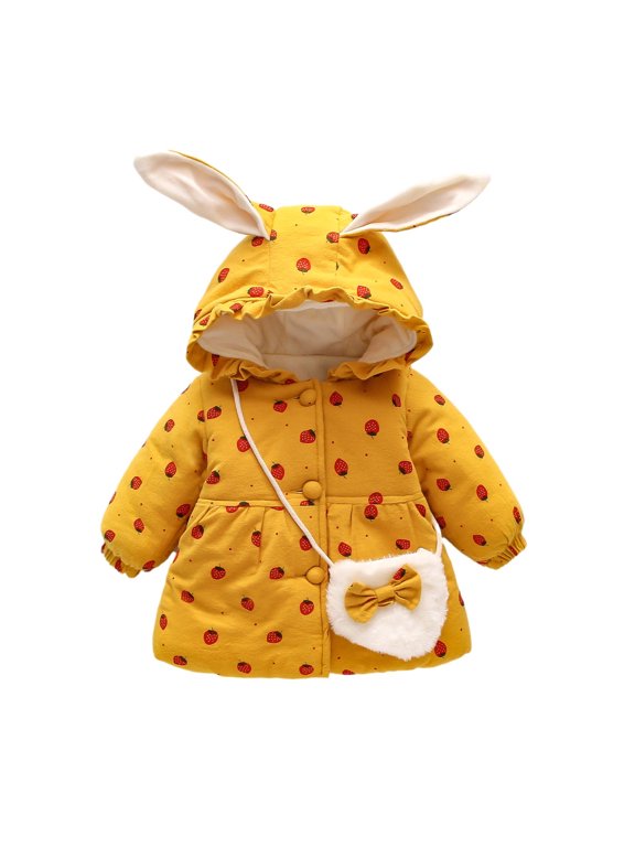 Baby Girls Cotton Quilted Jacket Button up Rabbit Ear Hooded Cherry Graphic Winter Coats with 1 Sling Bag