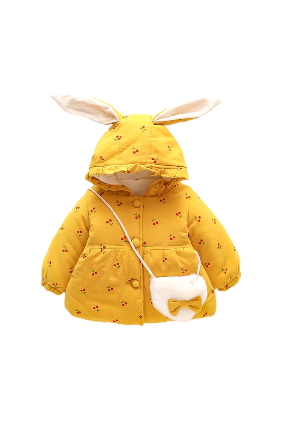 Baby Girls Cotton Quilted Jacket Button up Rabbit Ear Hooded Cherry Graphic Winter Coats with 1 Sling Bag