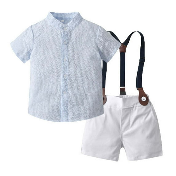 AherBiu Baby Toddler Boys Summer Clothes Button Down Short Sleeve Shirts with Suspender Dress Shorts 2 Piece Formal Sets