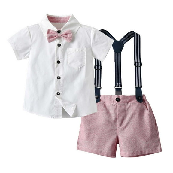 AherBiu Baby Toddler Boys Summer Clothes Button Down Short Sleeve Shirts with Suspender Dress Shorts 2 Piece Formal Sets
