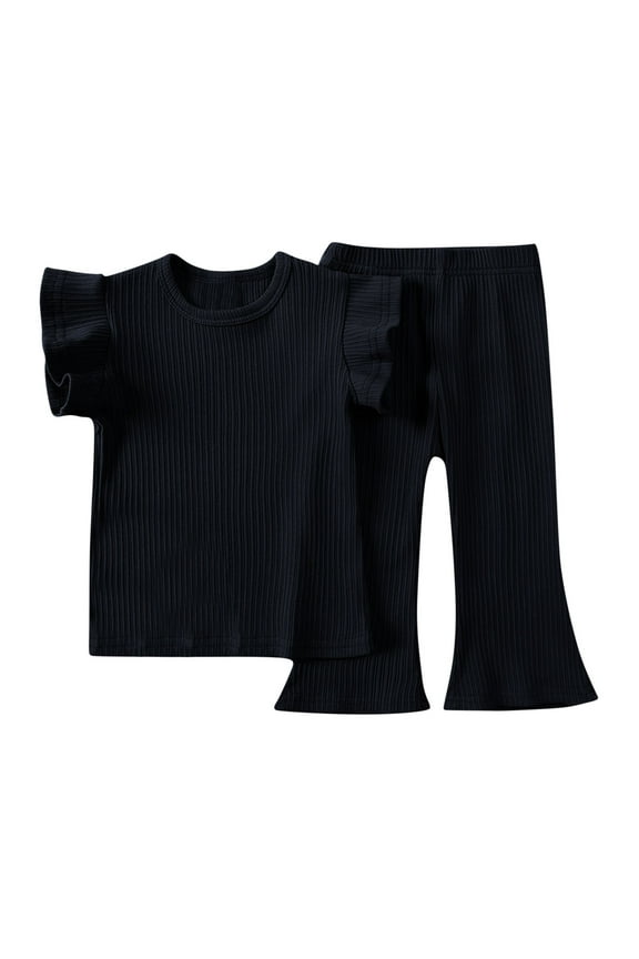 Baby Toddler Girls Clothes Ruffle Shoulder Tank Tops Flare Pants 2 Piece Ribbed Sets Comfy Summer Outfits