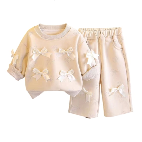 AherBiu Baby Toddler Kids Girls Cute Sets Bow Decor Crewneck Sweatshirt with Pants Set 2 Piece Fall Outfits(3-4Years,White)