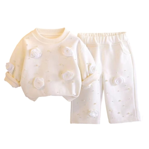 AherBiu Baby Toddler Kids Girls Cute Sets Flower Decor Crewneck Sweatshirt with Pants Set 2 Piece Fall Outfits(1-2Years,01-White)