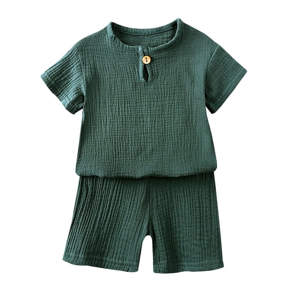 AherBiu Baby Toddler Summer Clothes Cotton Linen 2 Piece Outfits Short Sleeve Tops with Shorts Kid Sets