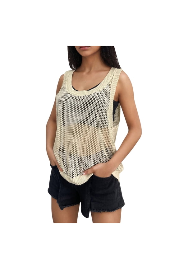 Beach Coverups for Women Hollow out Boho Tank Tops Scoop Neck Sleeveless Knitted Vacation Shirts
