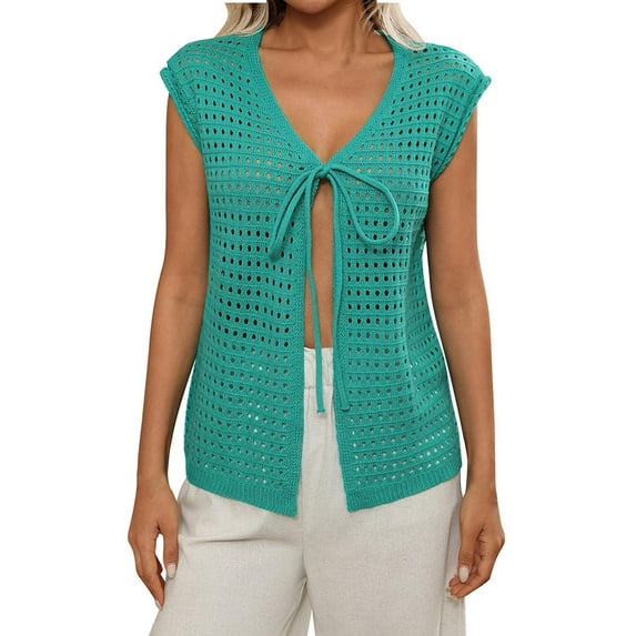 AherBiu Beach Overups for Women Summer Hollow Knitted Sleeveless Open Front Cardigan Vacation Tops