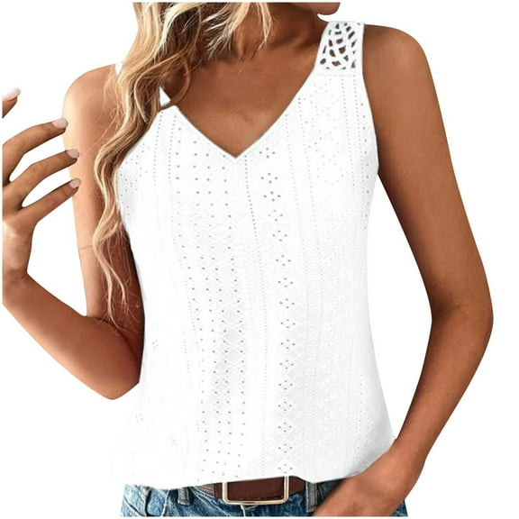 AherBiu Beach Tank Tops for Women Eyelet Hole Lightweight Vacation V Neck Sleeveless Summer Top Tees Shirts