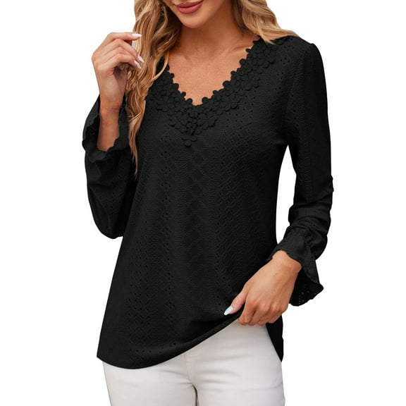 AherBiu Beach Tops for Women Eyelet Hole Lace V Neck Long Sleeve Tunic Top Boho Shirts Blouse