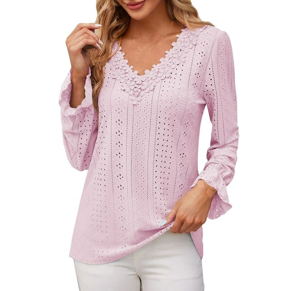 AherBiu Beach Tops for Women Eyelet Hole Lace V Neck Long Sleeve Tunic Top Boho Shirts Blouse