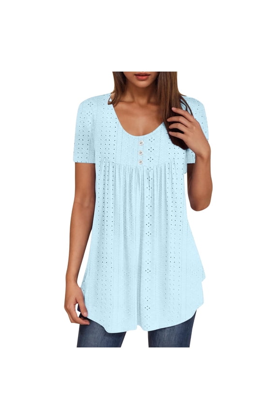 Beach Tops for Women Eyelet Hole Round Neck Short Sleeve Summer Casual Loose Tunic Tops to Wear with Leggings