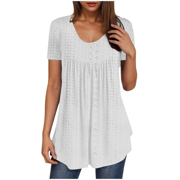 AherBiu Beach Tops for Women Eyelet Hole Round Neck Short Sleeve Summer Casual Loose Tunic Tops to Wear with Leggings