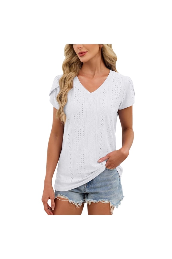 Beach Tops for Women Eyelet Hole Short Petal Sleeve V Neck Stretch Tunic Top Boho Shirt Blouse