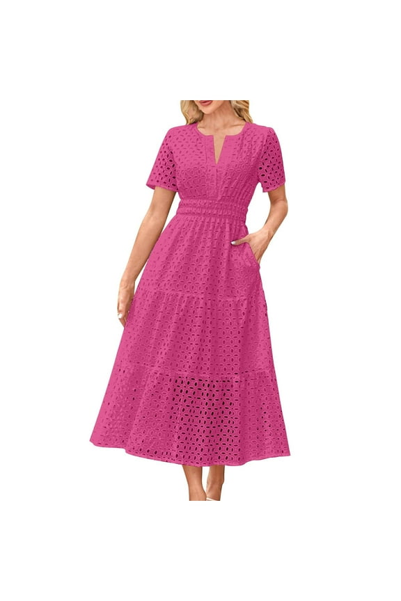 Boho Dresses for Women Eyelet Hole Notch V Neck Short Sleevea-Line Smocked Waisted Summer Beach Vacation Long Dress with Pockets