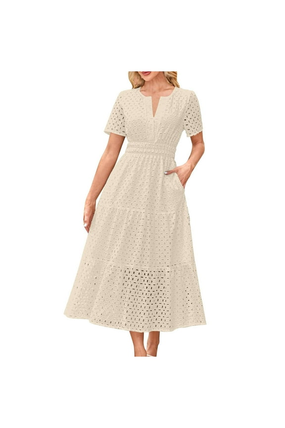 Boho Dresses for Women Eyelet Hole Notch V Neck Short Sleevea-Line Smocked Waisted Summer Beach Vacation Long Dress with Pockets