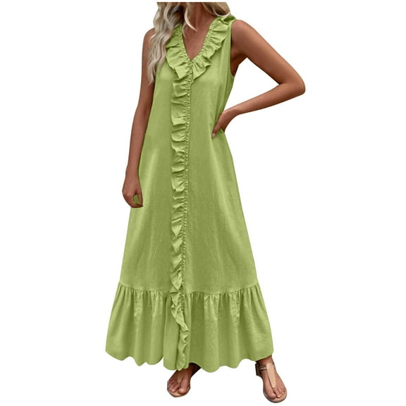 AherBiu Boho Dresses for Women Sleeveless V Neck Ruffle Summer Tank Dress Beach Flowy Tall Sundresses