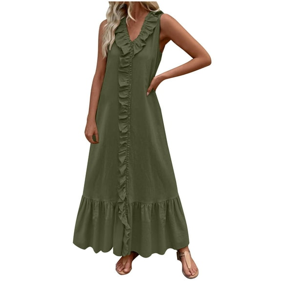 AherBiu Boho Dresses for Women Sleeveless V Neck Ruffle Summer Tank Dress Beach Flowy Tall Sundresses
