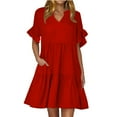 thumbnail image 1 of AherBiu Boho Dresses for Women Stretch Comfy Notch V Neck Ruffle Flowy Summer Short Dress with Pockets, 1 of 7