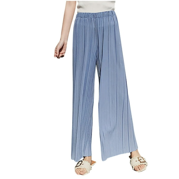 AherBiu Boho Pants for Women Ruched Flowy Summer Beach Vacation Slacks Elastic High Waisted Trousers