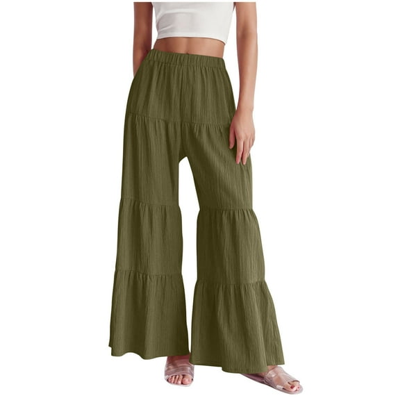 AherBiu Boho Pants for Women Wide Leg High Waisted Ruched Flowy Summer Beach Vacation Cute Trousers