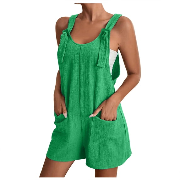 AherBiu Boho Rompers for Women Short Jumpsuit Beach Suspenders One-Piece Summer Outfits Solid Color Romper with Pockets