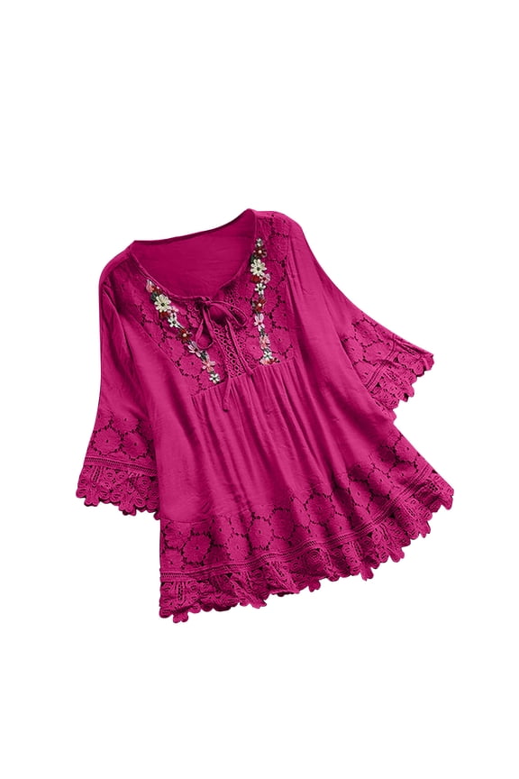 Boho Shirts for Women Plus Size 3/4 Sleeve Tops Lace up Round Neck Casual Loose Vacation Blouse
