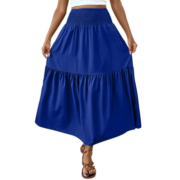 AherBiu Boho Skirts for Women Smocked High Waisted Layered Ruffle Flowy Summer Beach Vacation Maxi Skirt