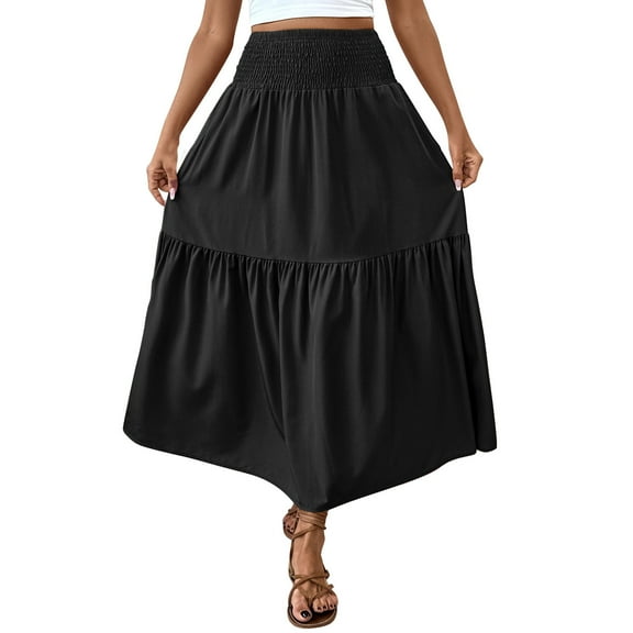 AherBiu Boho Skirts for Women Smocked High Waisted Layered Ruffle Flowy Summer Beach Vacation Maxi Skirt