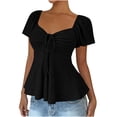 thumbnail image 1 of AherBiu Boho Tops for Women Dressy Casual Blouse Eyelet Short Sleeve Drawstring Square Neck Low Cut Ruched Ruffle Cute Shirt, 1 of 9