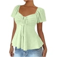 thumbnail image 1 of AherBiu Boho Tops for Women Dressy Casual Blouse Eyelet Short Sleeve Drawstring Square Neck Low Cut Ruched Ruffle Cute Shirt, 1 of 9