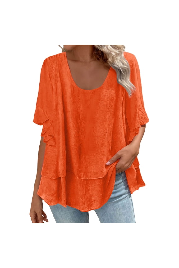 Boho Tops for Women Layered Ruffle 1/2 Sleeve Scoop Neck Plus Size Summer Casual Loose Vacation Shirts Blouse