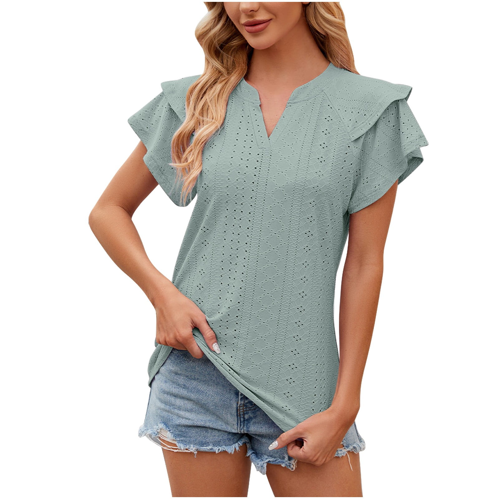 AherBiu Boho Tops for Women Layered Ruffle Short Sleeve Shirts Notch V Neck Summer Casual Tunic Top Blouse Walmart
