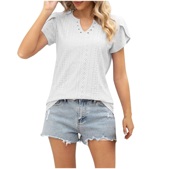 AherBiu Boho Tops for Women Petal Short Sleeve Notch V Neck Eyelet Hole Summer Dressy Casual Blouse Shirts