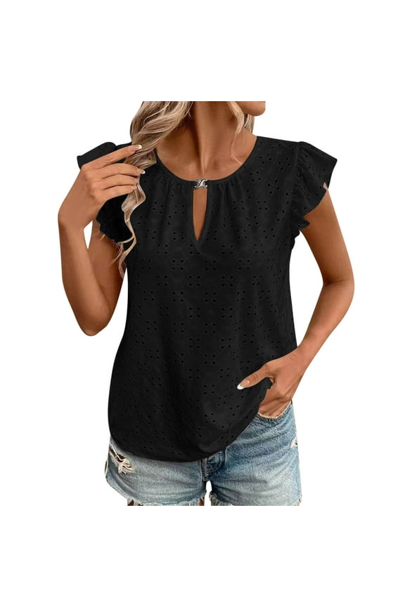 Boho Tops for Women Ruffle Cap Sleeve Keyhole Neck Eyelet Hole Summer Beach Shirts Vacation Blouse