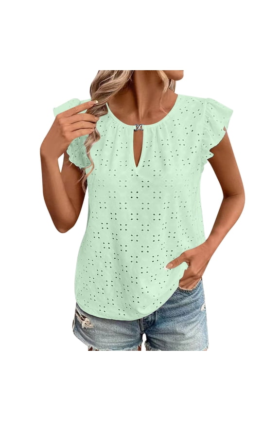 Boho Tops for Women Ruffle Cap Sleeve Keyhole Neck Eyelet Hole Summer Beach Shirts Vacation Blouse