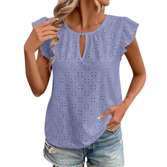 AherBiu Boho Tops for Women Ruffle Cap Sleeve Keyhole Neck Eyelet Hole Summer Beach Shirts Vacation Blouse