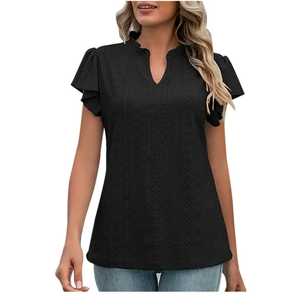 AherBiu Boho Tops for Women Ruffle Cap Sleeve Notch V Neck Eyelet Hole Summer Dressy Casual Blouse Shirts Tunic