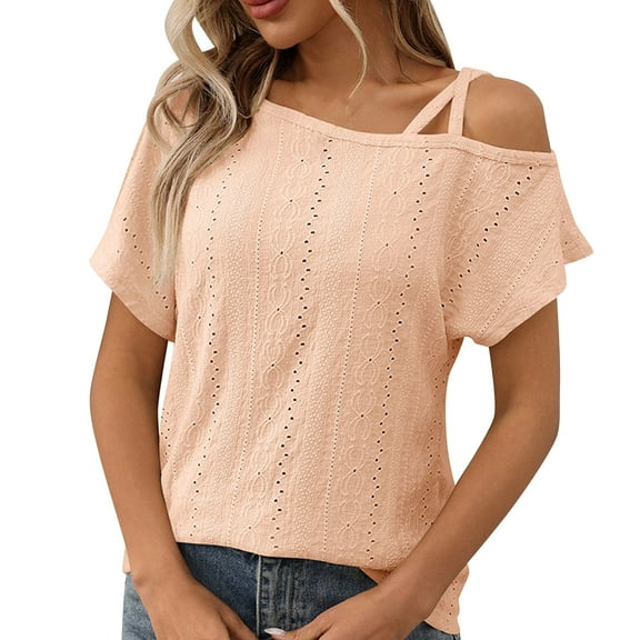 AherBiu Boho Tops for Women Short Sleeve Eyelet Hole One-Shoulder Summer Beach Vacation Shirts Blouse