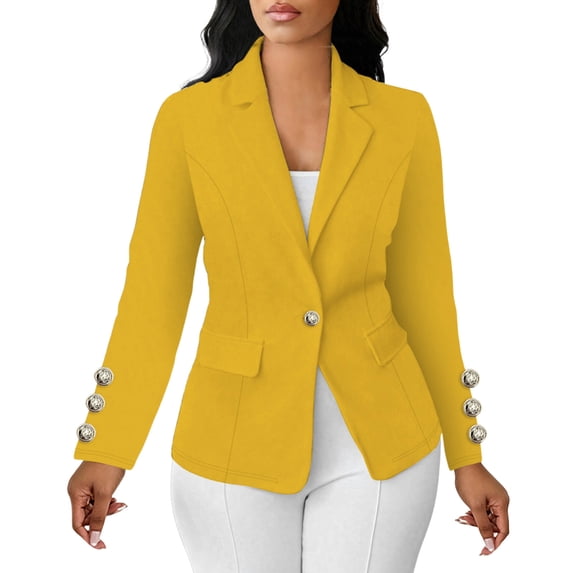 AherBiu Business Casual Blazer Jacket for Women Button down Lapel Collar Long Sleeve Workwear for Office Ladies(X-Large,Yellow)