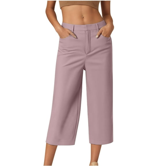 AherBiu Business Casual Pants for Women 3/4 Length Formal Capri Pants High Waisted Straight Leg Capris with Pockets