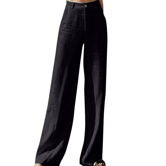 AherBiu Business Casual Pants for Women Cotton Linen Straight Leg Lightweight Trousers with Pockets