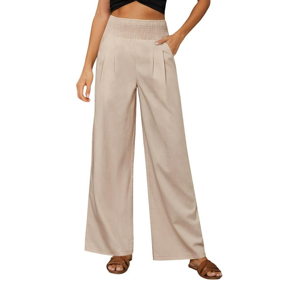 AherBiu Business Casual Pants for Women Smocked High Waisted Straight Wide Leg Work Trousers with Pockets